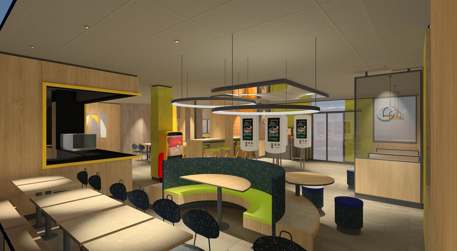 3D-Planung des McCafé-Bereichs mit Sitzplätzen und warmen Holztönen