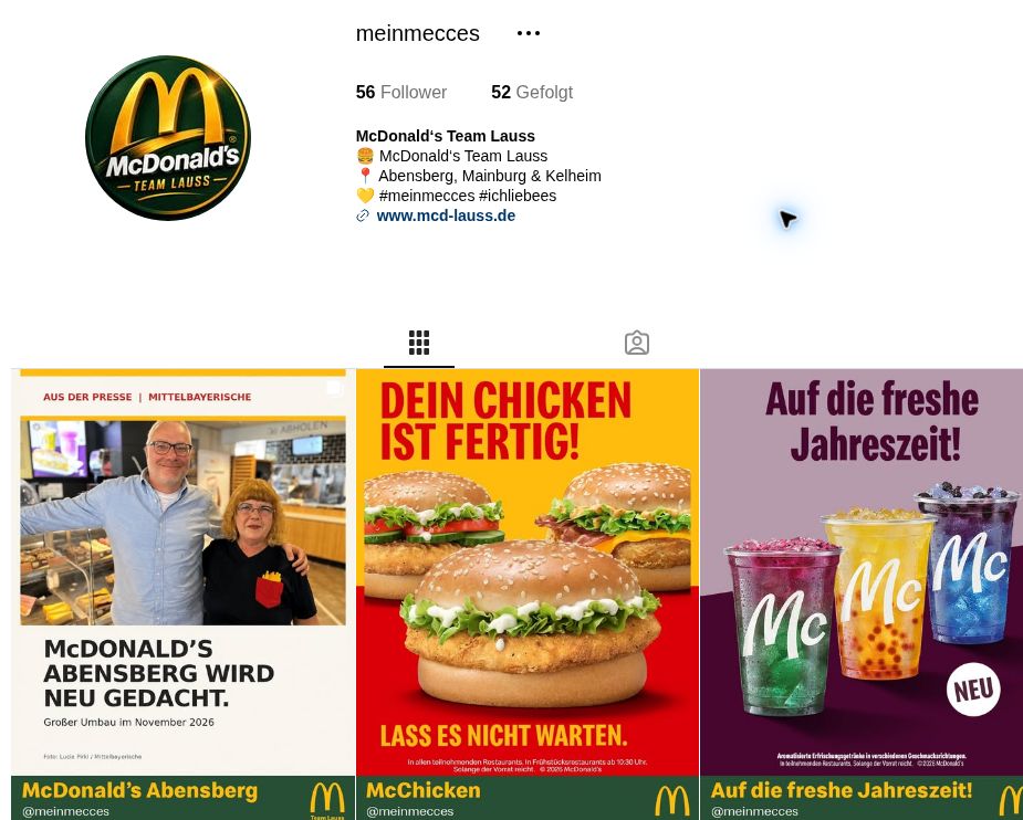 Screenshot des Instagram-Profils meinmecces mit Team-Lauss-Logo und Beiträgen zum Umbau in Abensberg, zu McChicken und Getränken.